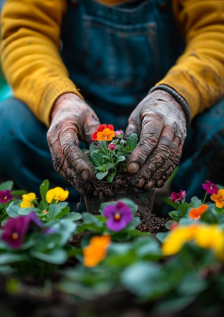 El hombre está plantando flores en el jardín