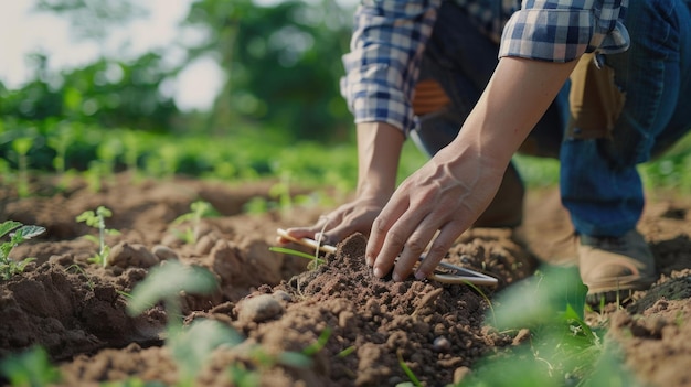 Un hombre está plantando patatas en un campo Concepto de trabajo duro y dedicación a la agricultura