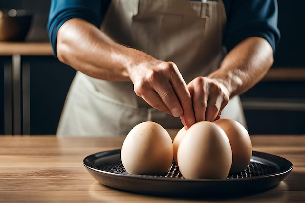 Un hombre está poniendo huevos en una bandeja.