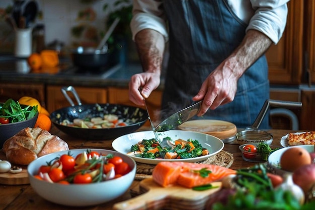 Un hombre está preparando una foto de almuerzo en una atmósfera hogareña en la cocina