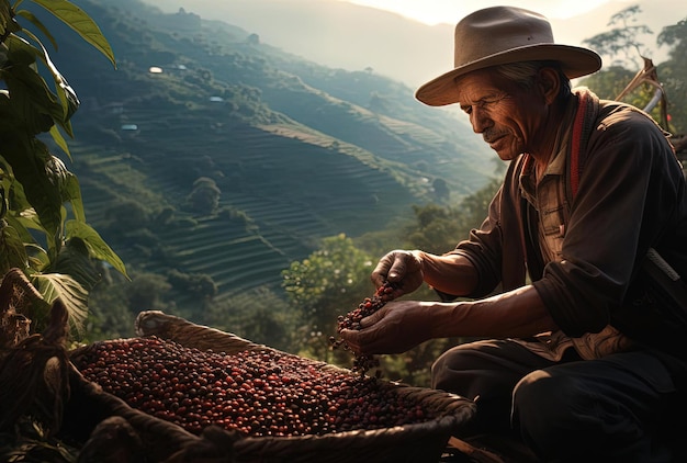 un hombre está recogiendo granos de café en el valle de la araucana al estilo de un retrato hiperrealista