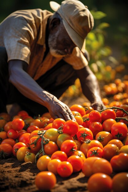 Un hombre está recogiendo tomates del suelo ai