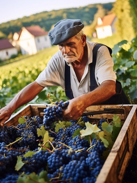 un hombre está recogiendo uvas de una caja