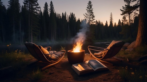 un hombre se está relajando junto a un fuego con un libro en él y un libro en la mesa