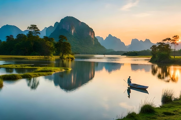 Un hombre está remando un barco en un lago con montañas en el fondo.