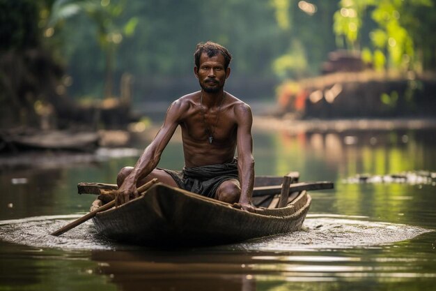 un hombre está remando un barco con un palo en la mano