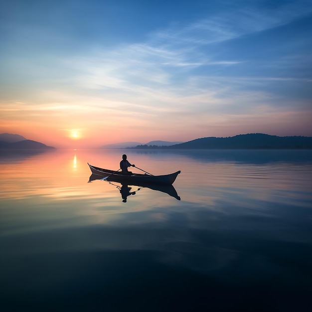 Un hombre está remando en una canoa en el agua con el sol poniéndose detrás de él.