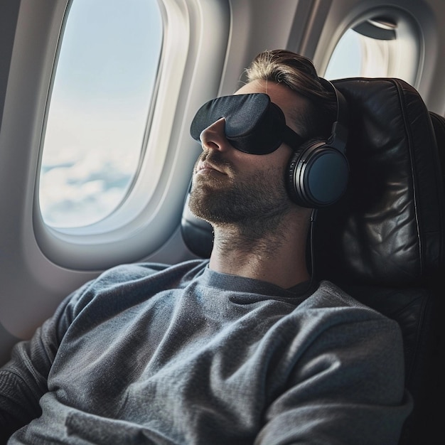 El hombre está sentado en un avión con una máscara para dormir y auriculares
