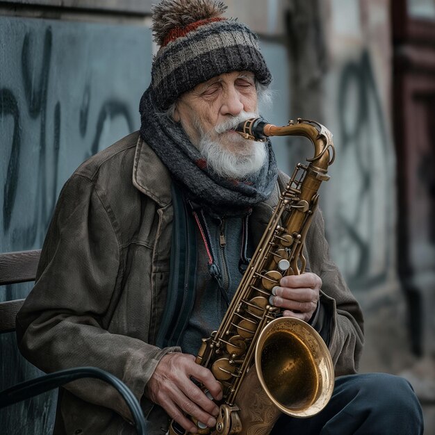 un hombre está sentado en un banco y tocando un saxofón