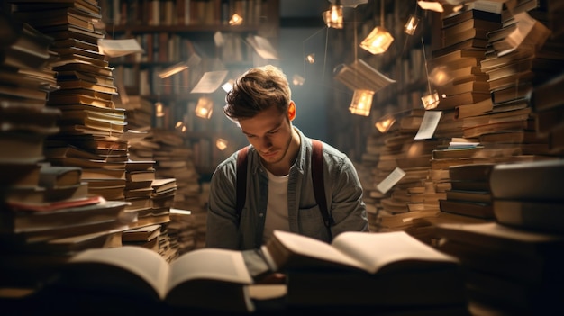 Un hombre está sentado en una biblioteca rodeado de libros ai