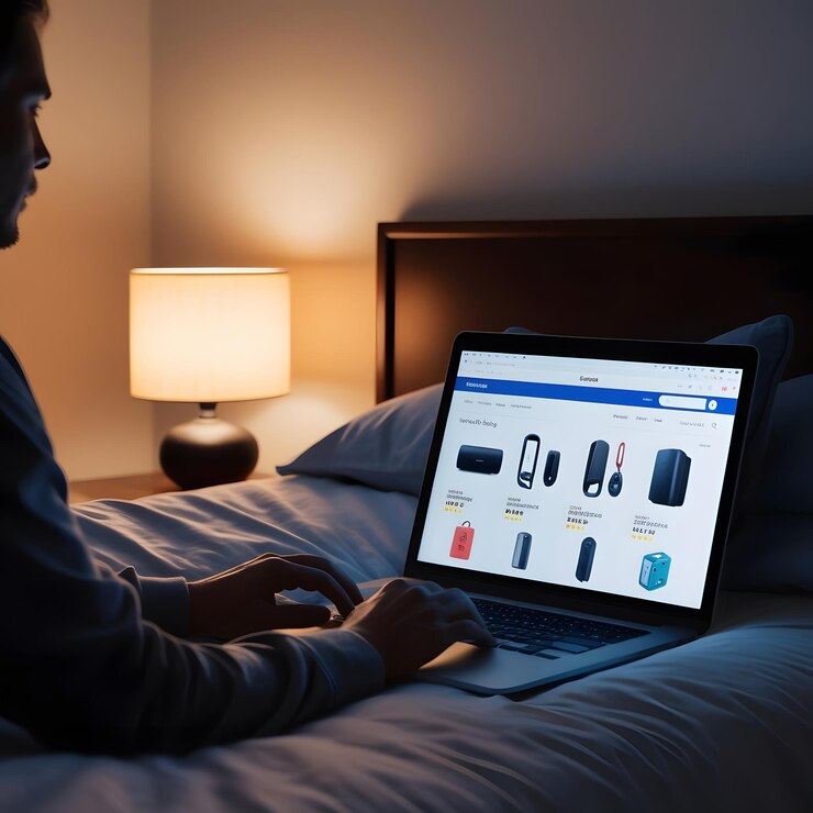 un hombre está sentado en una cama con una computadora portátil que dice "condición médica" en la pantalla