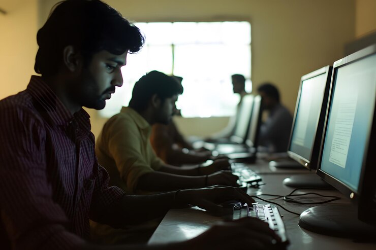 Foto un hombre está sentado en una computadora con un monitor y un teclado