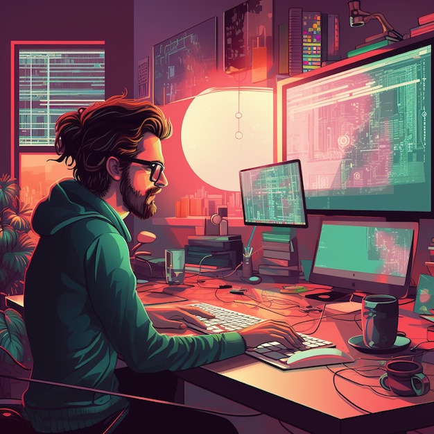 un hombre está sentado en un escritorio con una computadora y un monitor grande con una gran luz redonda.