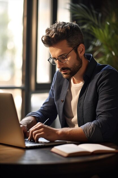 un hombre está sentado en un escritorio con una computadora portátil y un bolígrafo en la mano