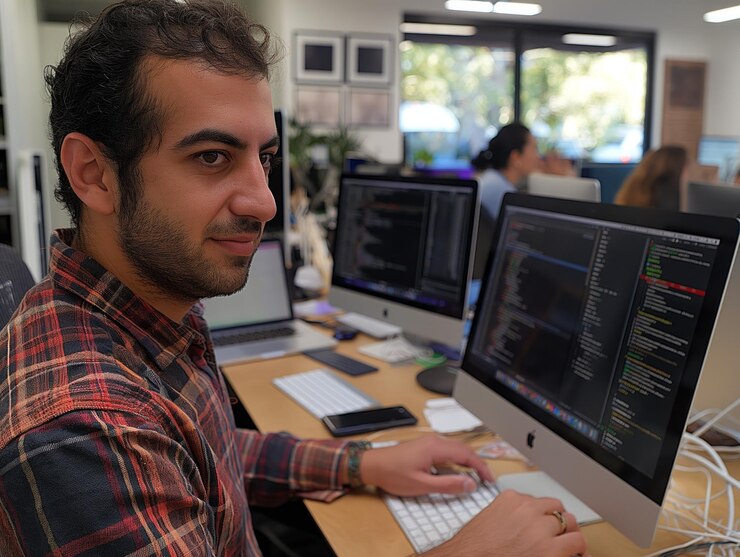 Foto un hombre está sentado en un escritorio con dos monitores de computadora delante de él