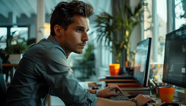 Un hombre está sentado en un escritorio con dos monitores de computadora