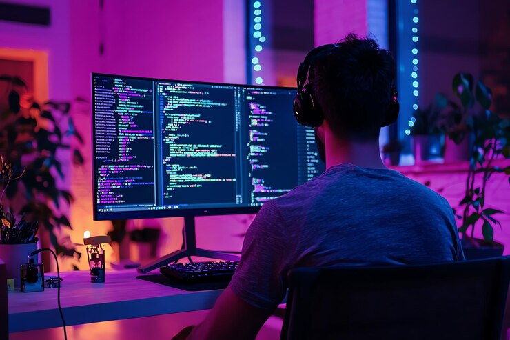 Foto un hombre está sentado frente a una computadora con el código de la palabra en la pantalla