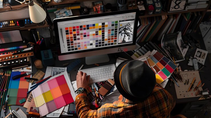 Foto un hombre está sentado frente a una computadora con una cubierta colorida