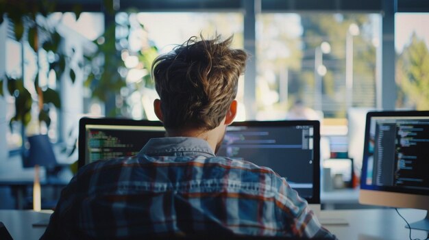un hombre está sentado frente a una computadora con una pantalla que muestra a un hombre con una computadora portátil