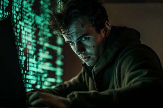 Un hombre está sentado frente a una computadora portátil enfocado en la pantalla mientras trabaja o navega en línea Un hacker intentando entrar en un sistema seguro