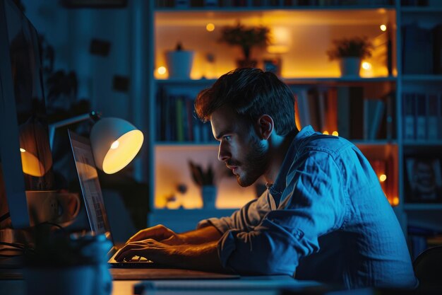 Un hombre está sentado frente a una computadora portátil escribiendo y trabajando intensamente Un joven empresario trabajando hasta tarde en la noche en su oficina Generado por IA