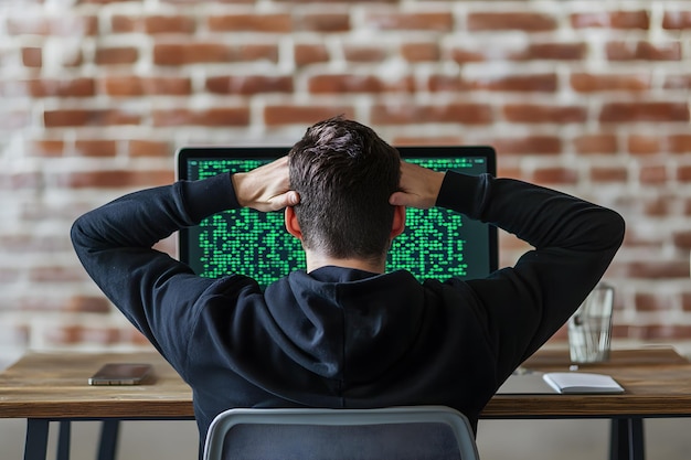 un hombre está sentado frente a una computadora portátil con la palabra datos en él