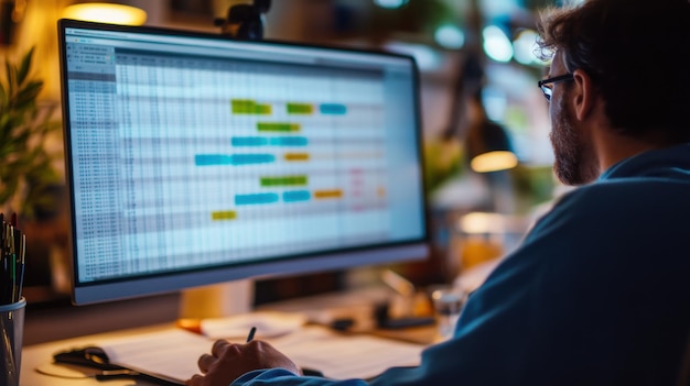 Un hombre está sentado frente a un monitor de computadora con un amarillo