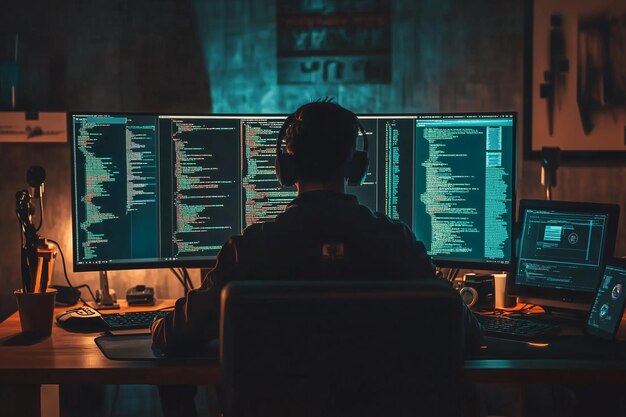 el hombre está sentado frente a un monitor de computadora con una camisa negra