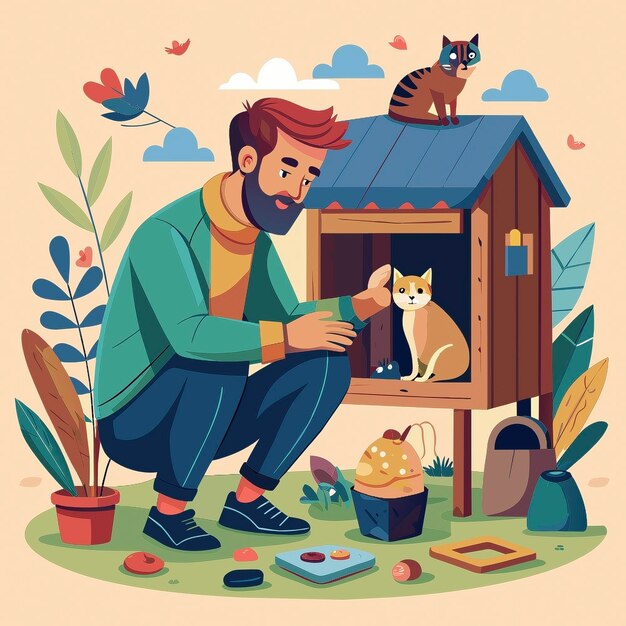 un hombre está sentado frente a una pequeña casa con un gato y un gato