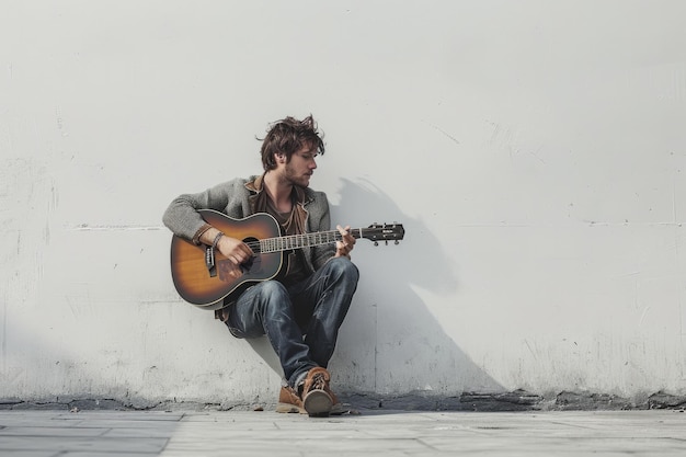 un hombre está sentado en una pared tocando una guitarra