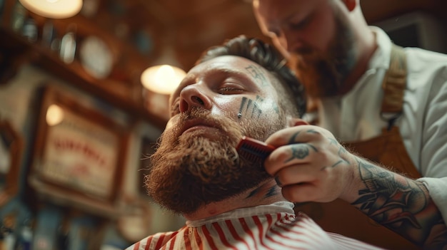 Un hombre está sentado en una silla de barbero recibiendo un corte de pelo de un barbero el barbero está usando tijeras