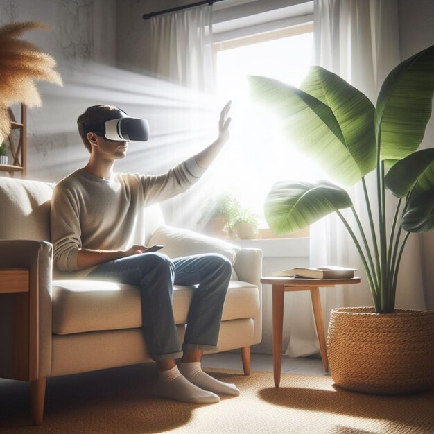 un hombre está sentado en un sofá con gafas de realidad virtual