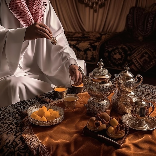 Un hombre está sirviendo té en una taza con un juego de té.