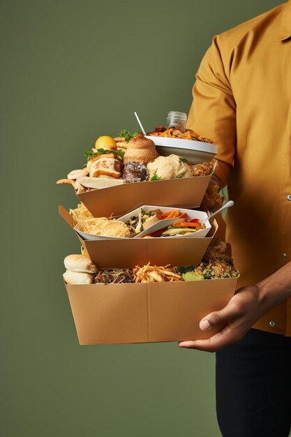 un hombre está sosteniendo una caja de comida