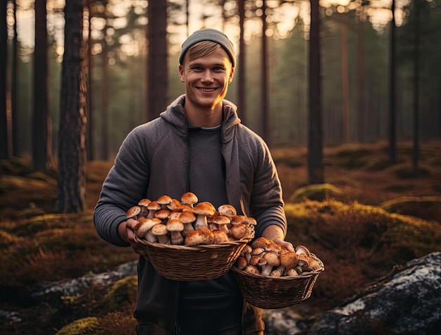 un hombre está sosteniendo una canasta llena de hongos en la parte superior de un bosque al estilo de la naturaleza noruega