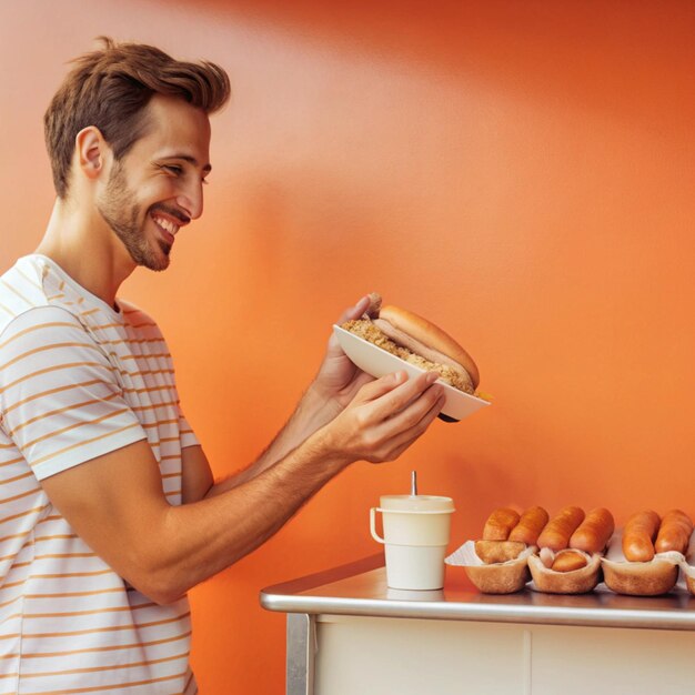 un hombre está sosteniendo un perrito caliente con ketchup y mostaza en un pan