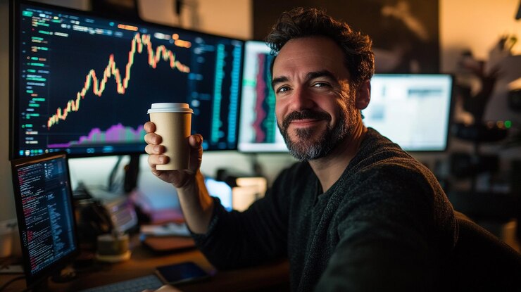 Foto un hombre está sosteniendo una taza de café y un gráfico que dice cita gráfica cita