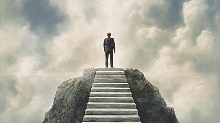Un hombre está subiendo una escalera en las nubes por encima de las nubesgenerativas ai