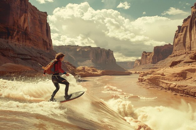 un hombre está surfeando en una ola en el desierto