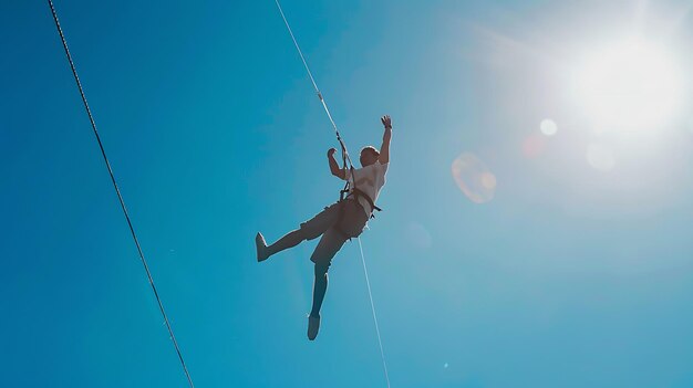 Un hombre está tirando por el aire, lleva casco y equipo de seguridad, el sol brilla brillantemente en el fondo.