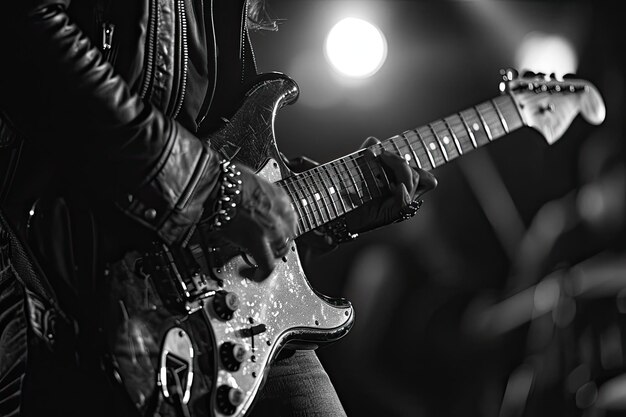 un hombre está tocando una guitarra con una chaqueta de cuero