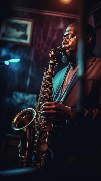 Un hombre está tocando el saxofón frente a un cartel que dice "jazz".
