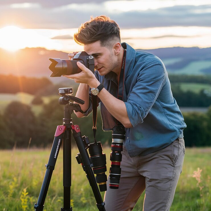 un hombre está tomando una foto de una cámara y una cámara