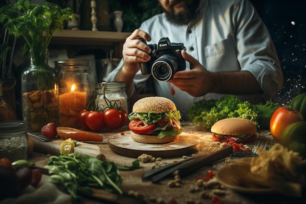 un hombre está tomando una foto de una hamburguesa con una cámara sobre la mesa.