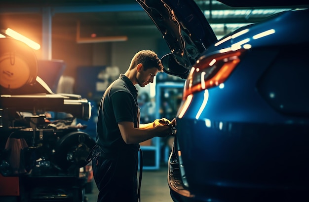 Un hombre está trabajando en un automóvil en un garaje.