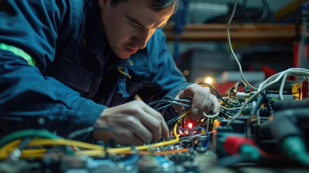 Un hombre está trabajando en una caja eléctrica con un taladro