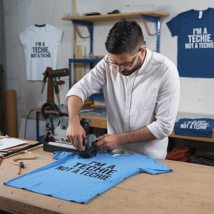 Foto un hombre está trabajando en una camiseta que dice i en ella