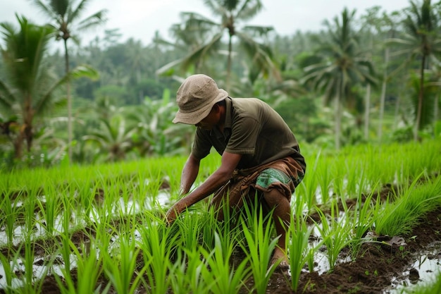 un hombre está trabajando en un campo de arroz