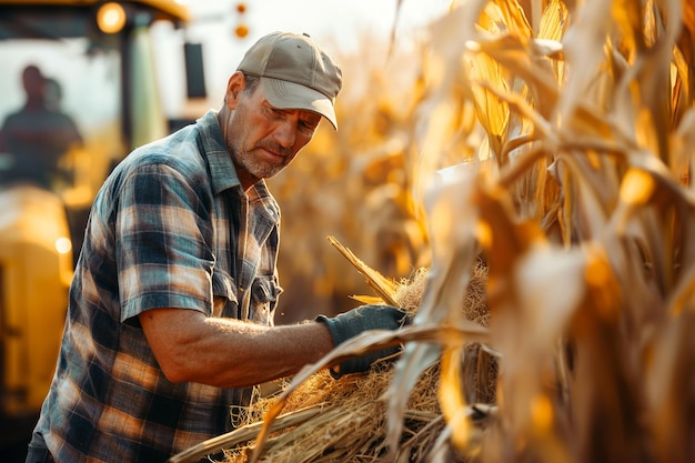 Un hombre está trabajando en un campo de maíz