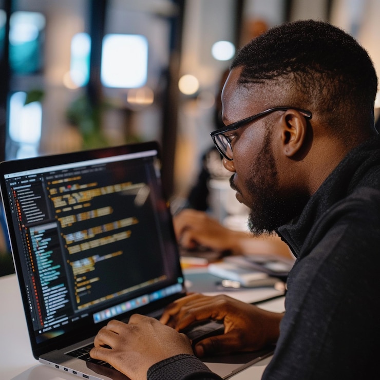un hombre está trabajando en una computadora con el código de la palabra en la pantalla